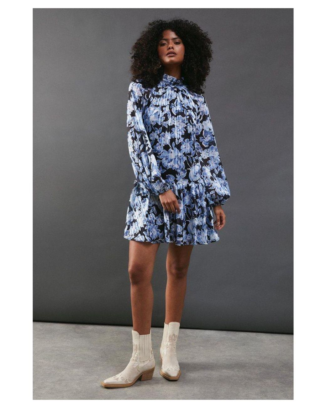 Warehouse Blue Shadow Stripe High Neck Tie Back Mini Dress