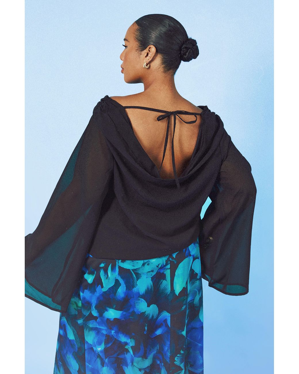 Boohoo Blue Plus Cowl Neck Chiffon Long Sleeve Top