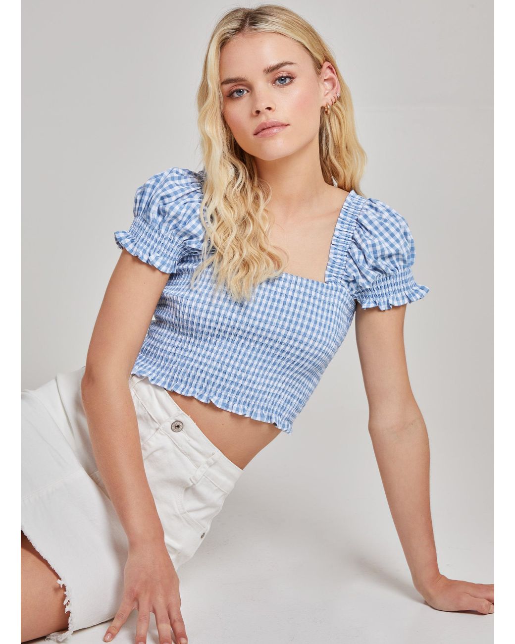 Pink Vanilla Blue Cropped Ruched Check Top