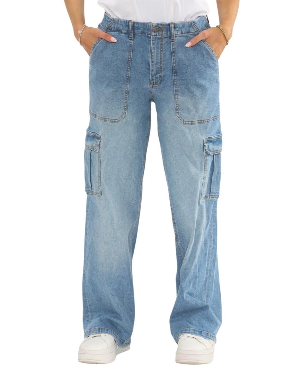 MYT Blue Wide Leg Baggy High Waisted Cargo Pocket Jeans