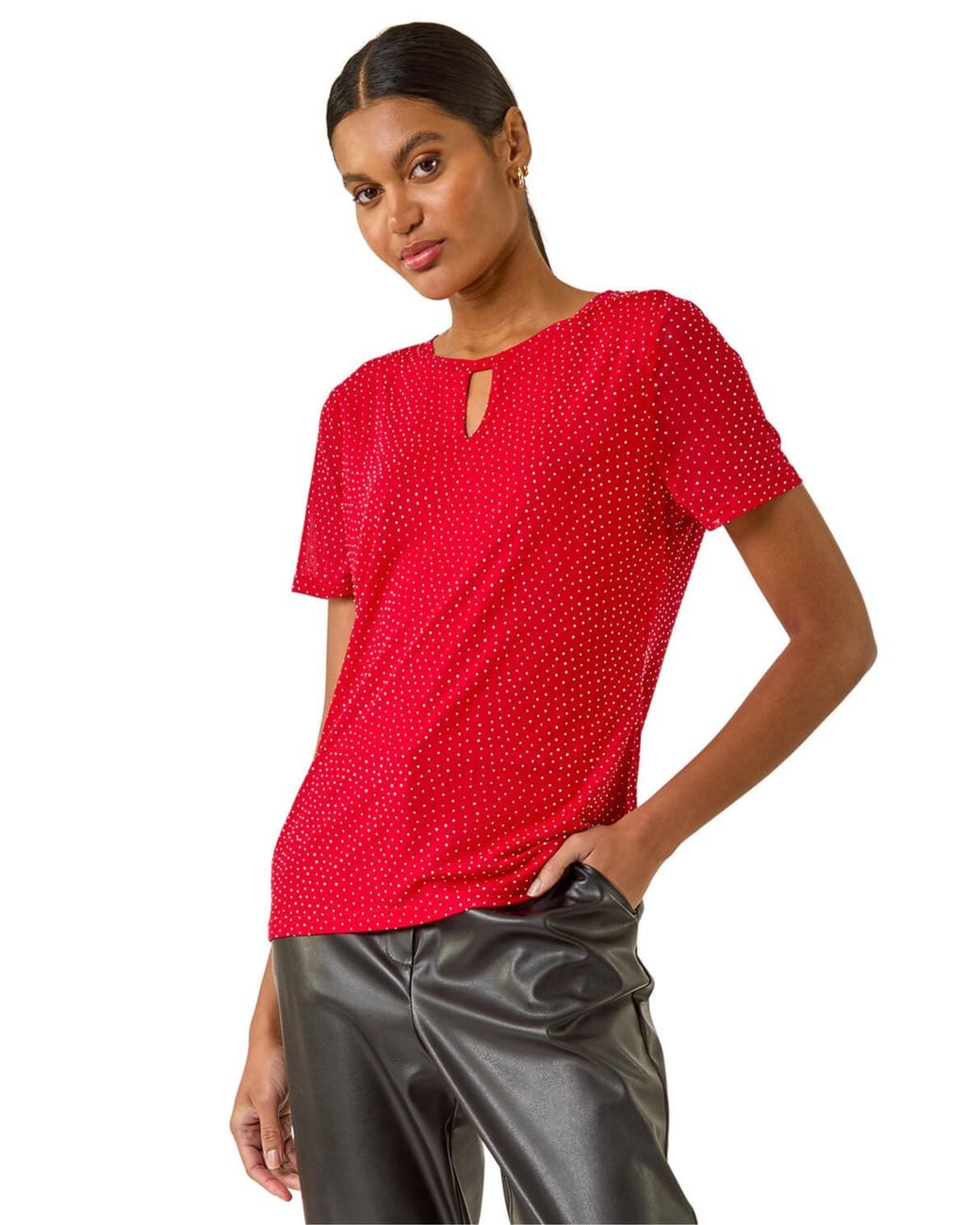 Roman Red Embellished Keyhole Stretch Top