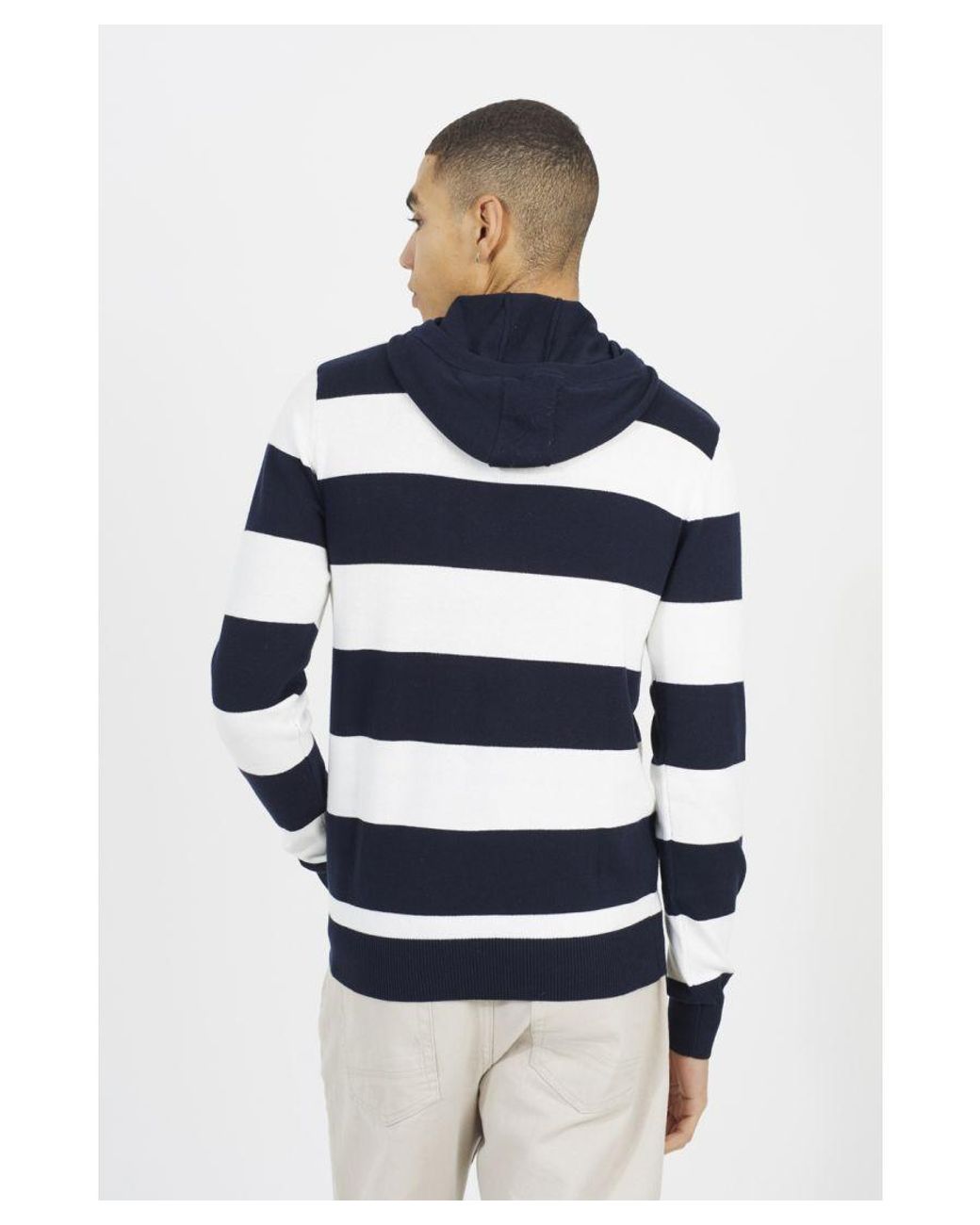 Brave Soul Blue Cotton Striped Knit Hoody for men