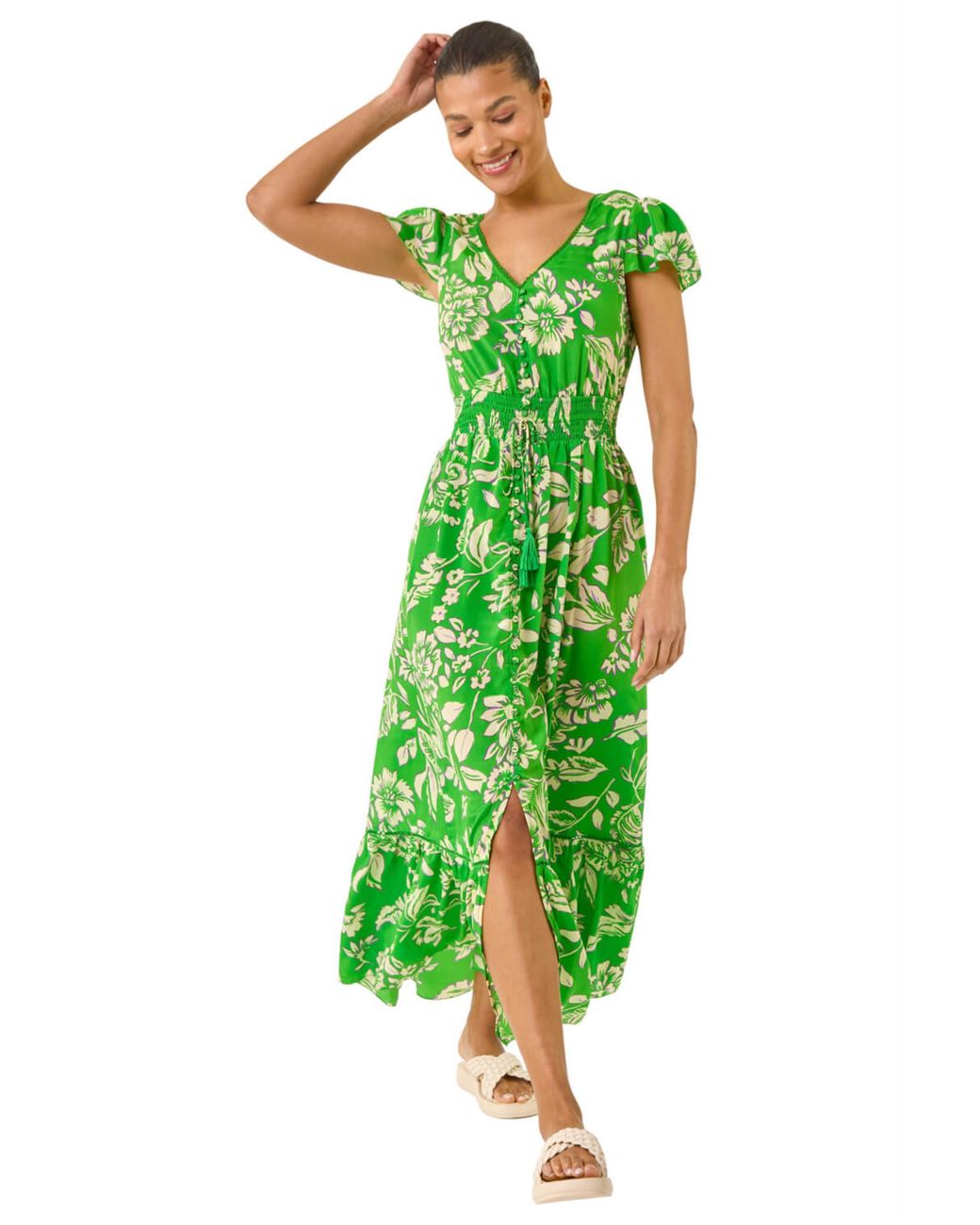 Roman Green Floral Frill Maxi Dress