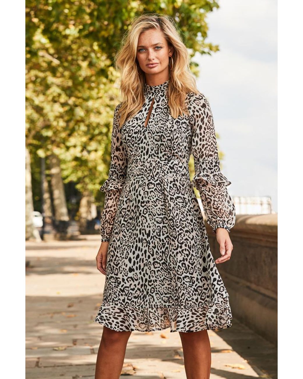 Sosandar Multicolor Leopard Print Fit & Flare Ruffle Dress