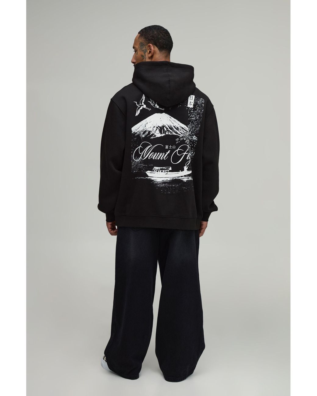 BoohooMAN Black Oversized Mount Fuji Graphic Hoodie Cotton for men