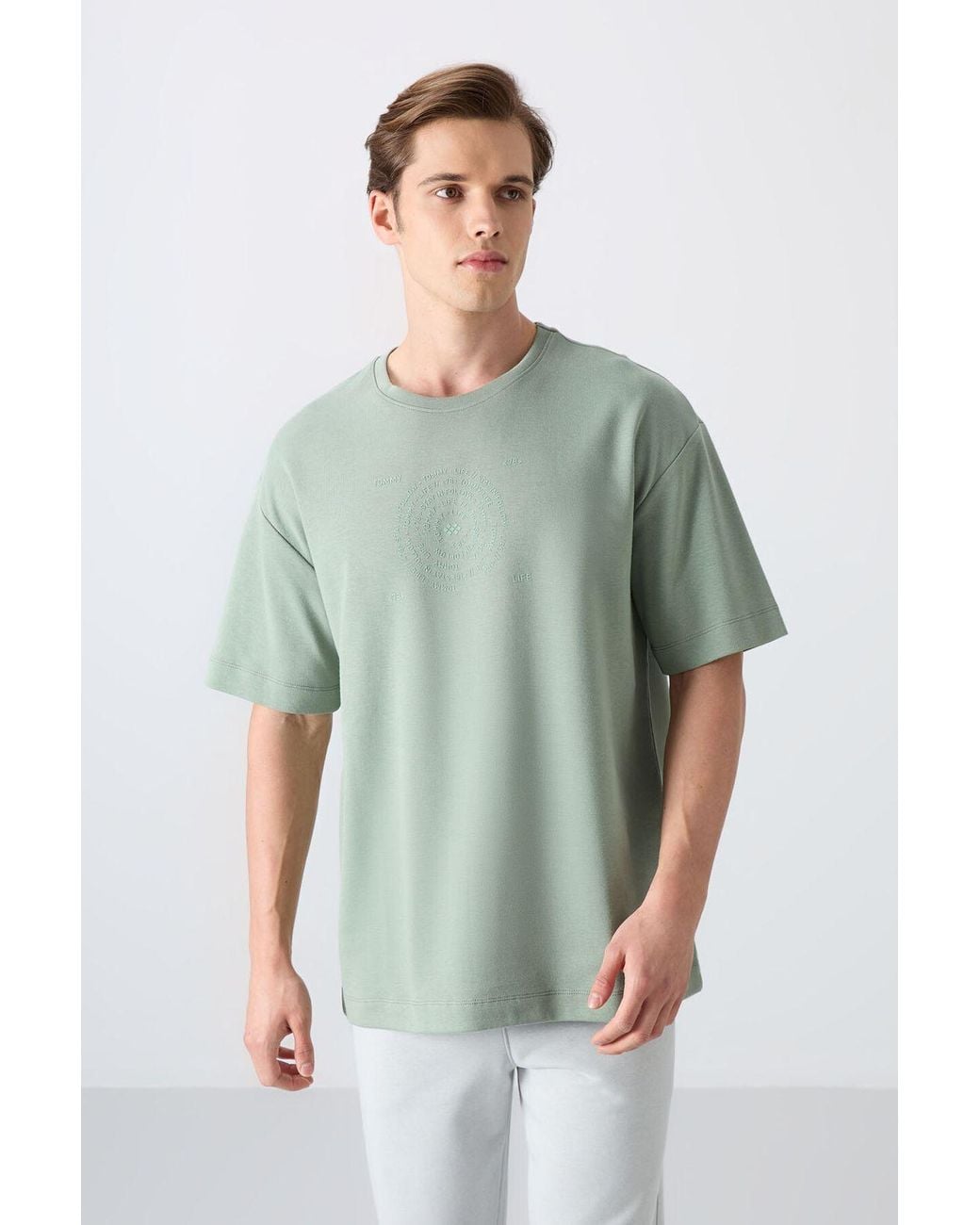 TOMMY LIFE Green Oversized Cotton-Blend Crew Neck T-Shirt for men