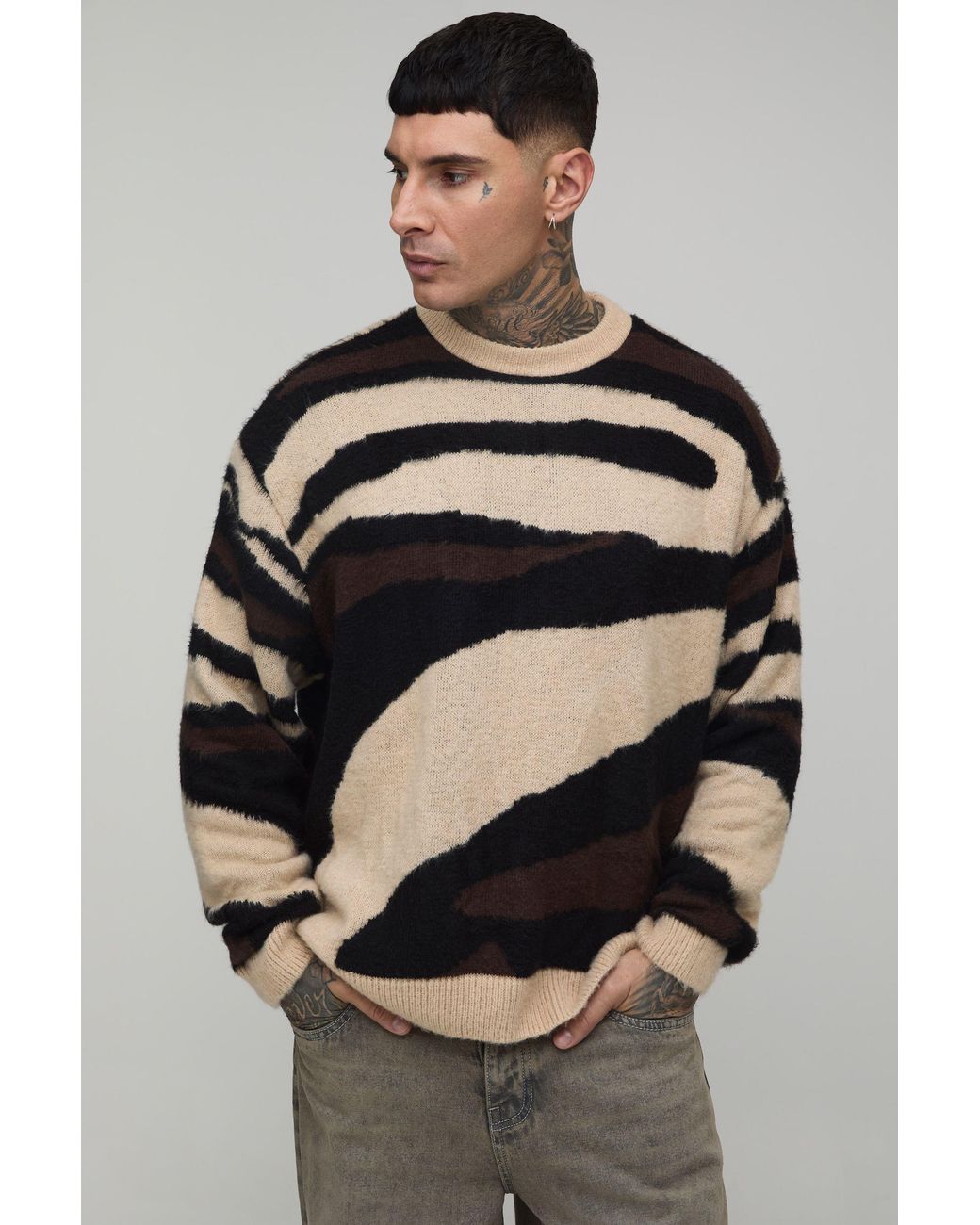BoohooMAN Gray Tall Oversized Boxy Brushed Animal Knitted Jumper for men