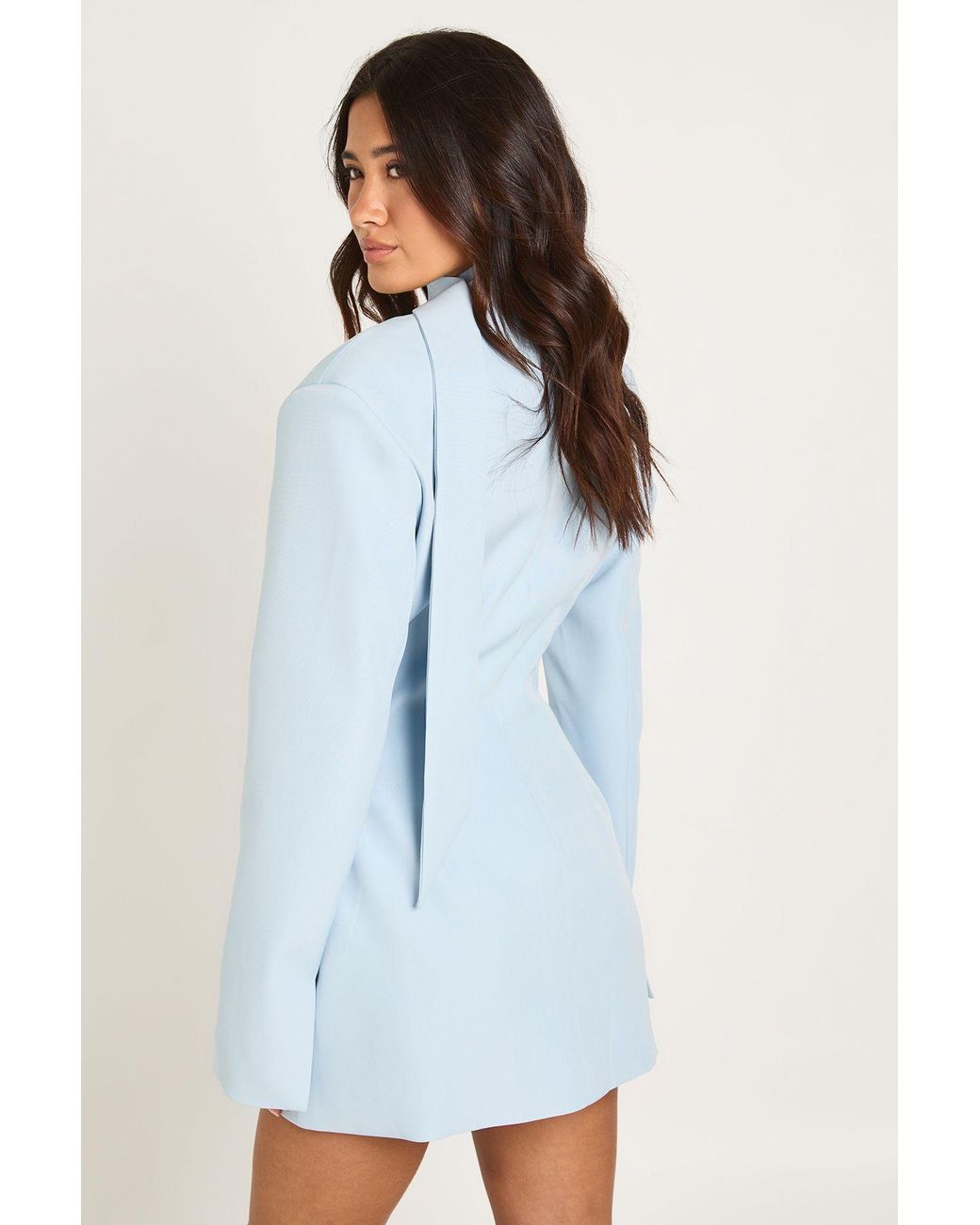 Boohoo Blue Tailored Scarf Detail Shoulder Pad Blazer Dress