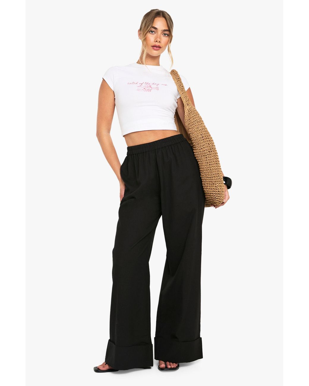 Boohoo Black Linen Turn Up Wide Leg Trousers