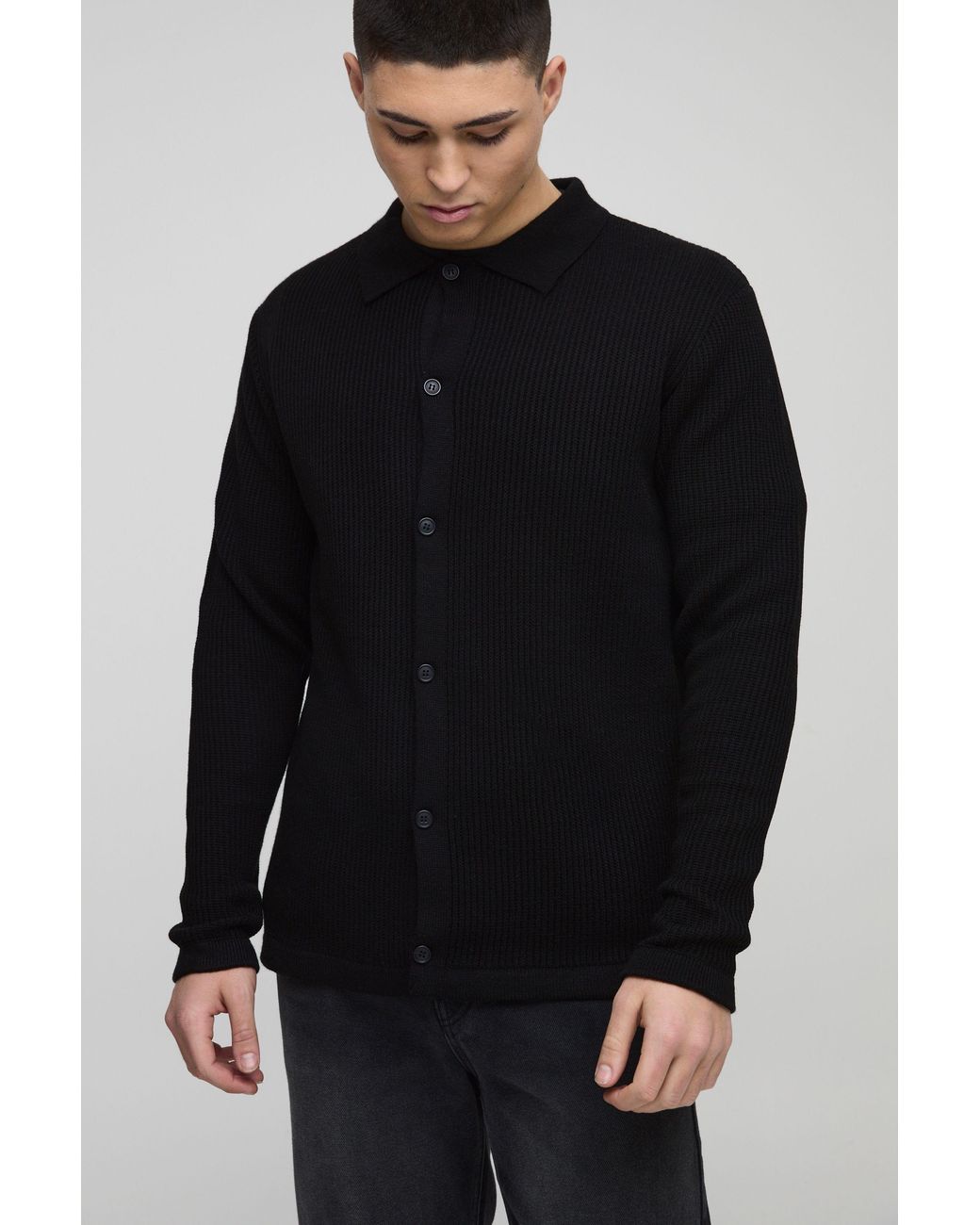 BoohooMAN Black Regular Collared Knitted Shirt for men