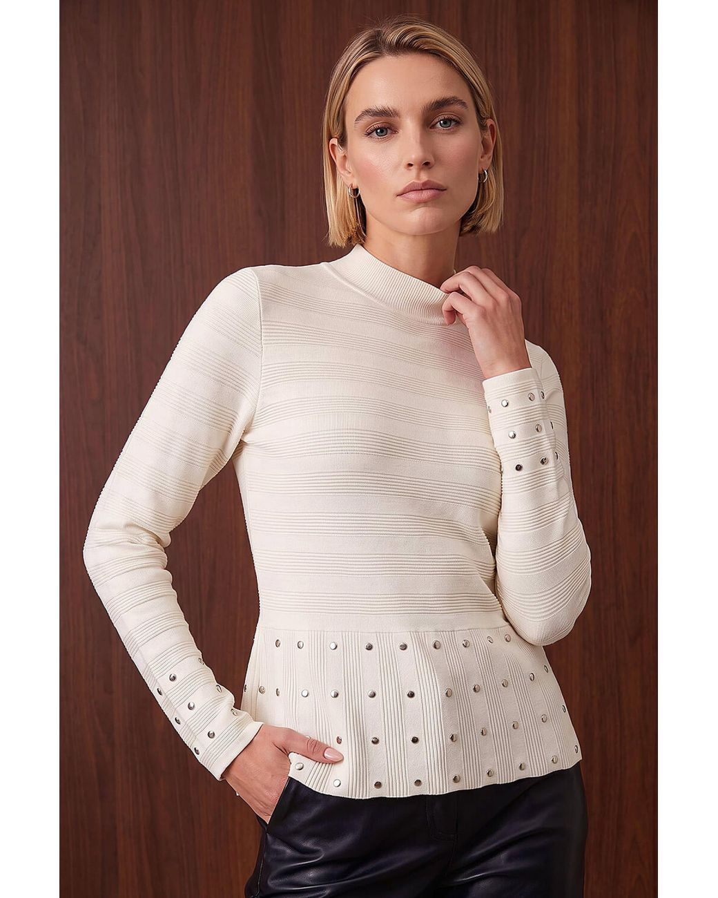 Roman Brown Studded Peplum Knit Top