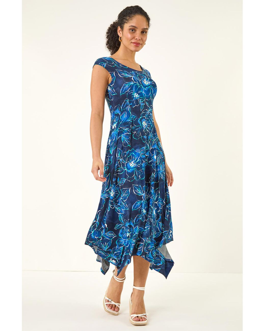Roman Blue Floral Print Stretch Maxi Dress