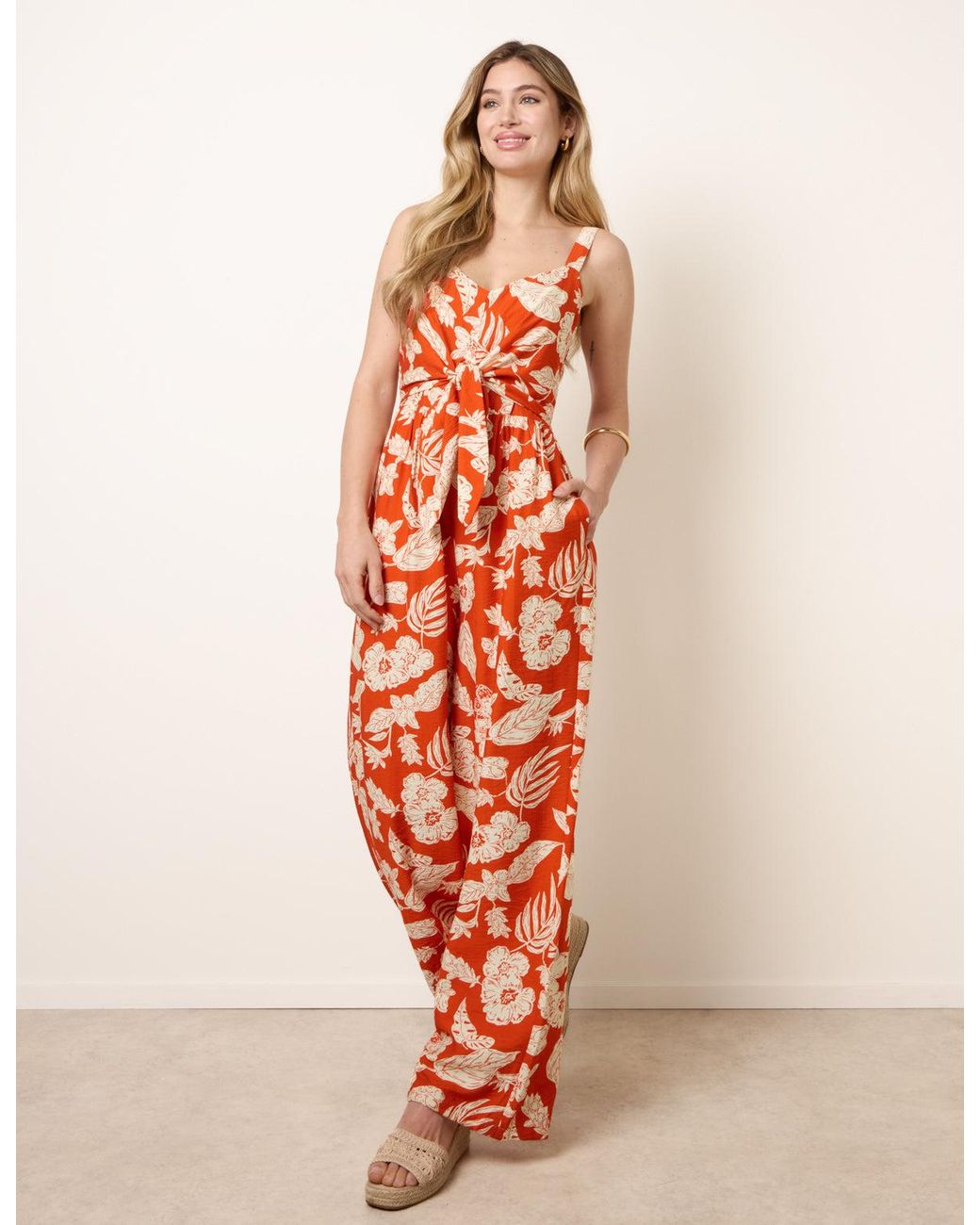 Blue Vanilla White Tropical Tie Front Jumpsuit