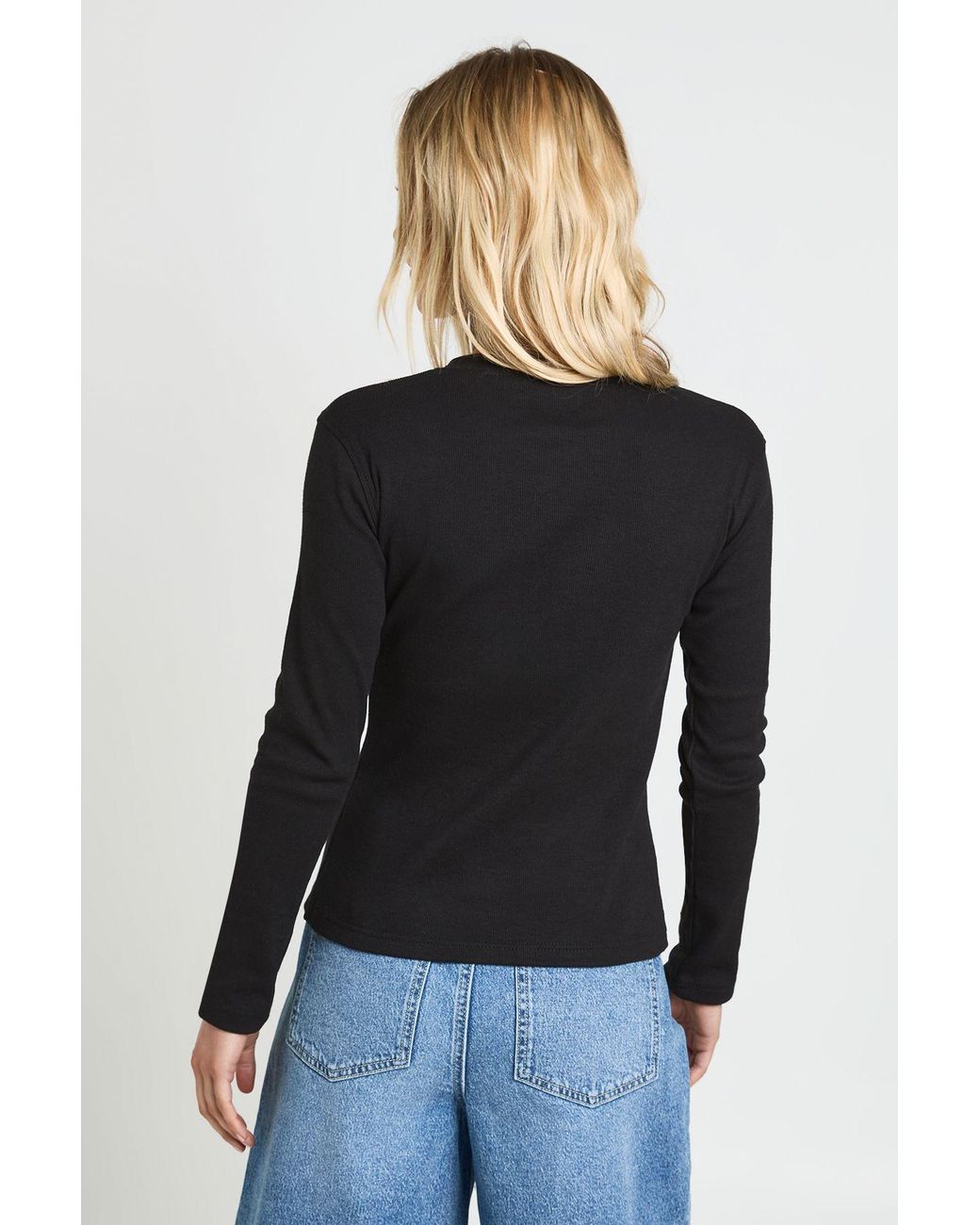 Boohoo Black Petite Rib Button Through Long Sleeve Top