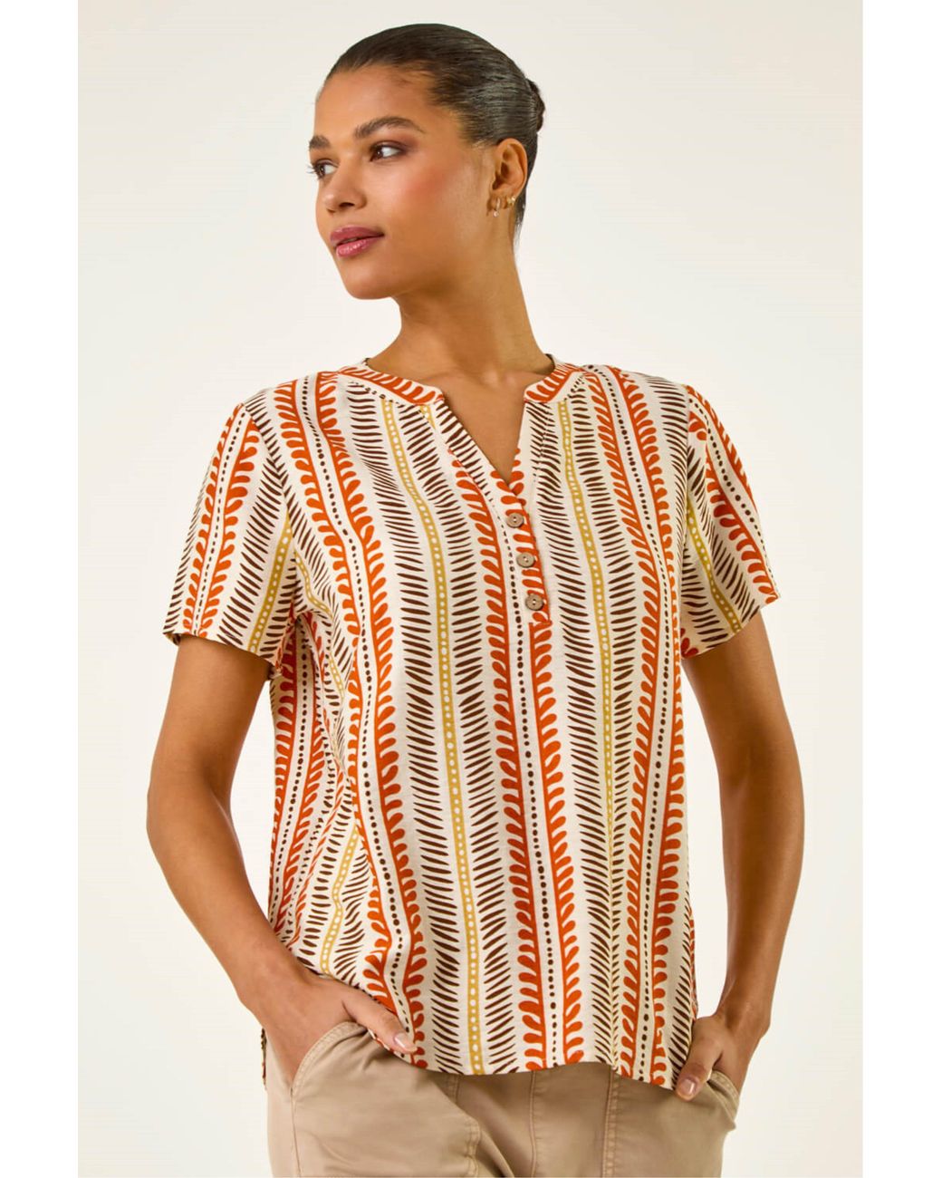 Roman Brown Abs Stripe Print Top