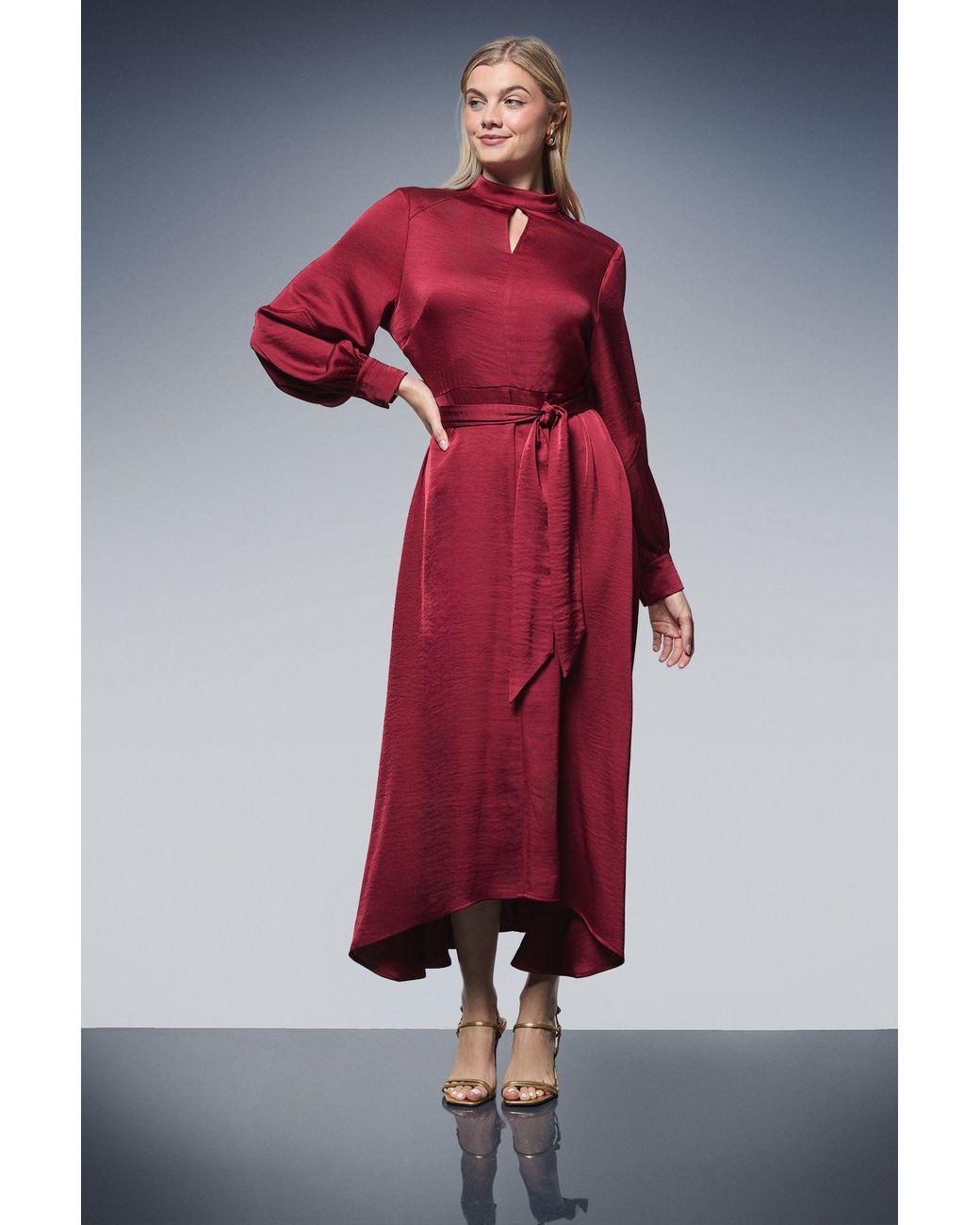 PRINCIPLES Tie Waist High Neck Satin Midi Dress in Red | Lyst UK