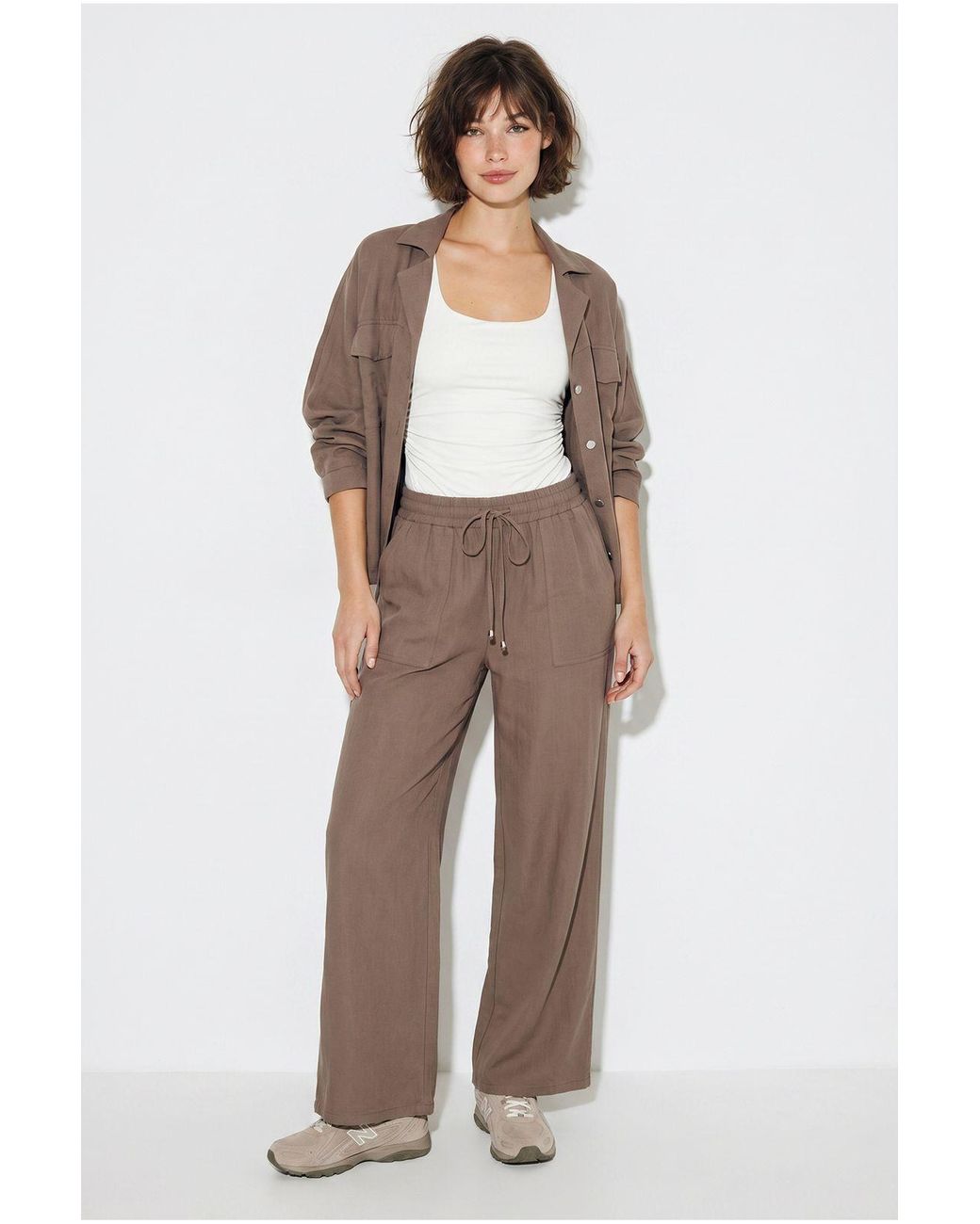 Bianco Lucci Natural Two-Piece Crepe Blouse And Wide-Leg Trousers
