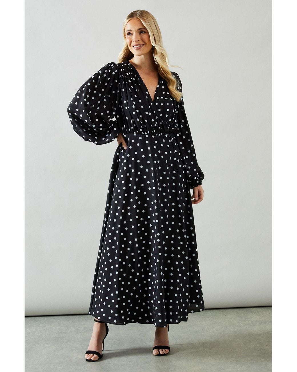 Wallis Black Petite Spot Print Wrap Chiffon Midaxi Dress