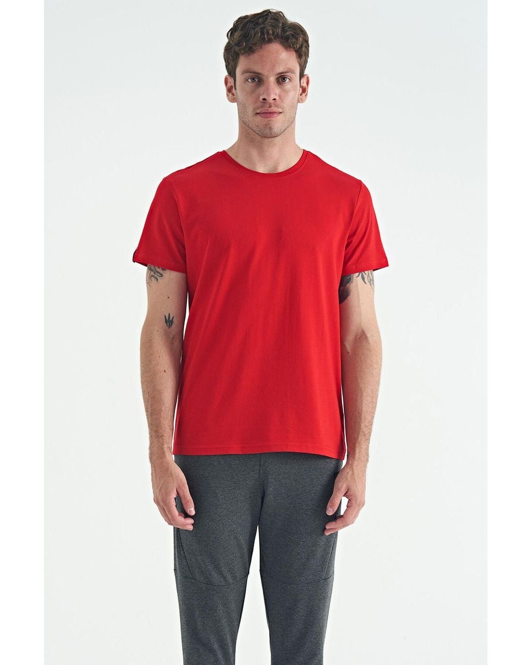 TOMMY LIFE Red Cotton Elastane Crew Neck T-Shirt for men