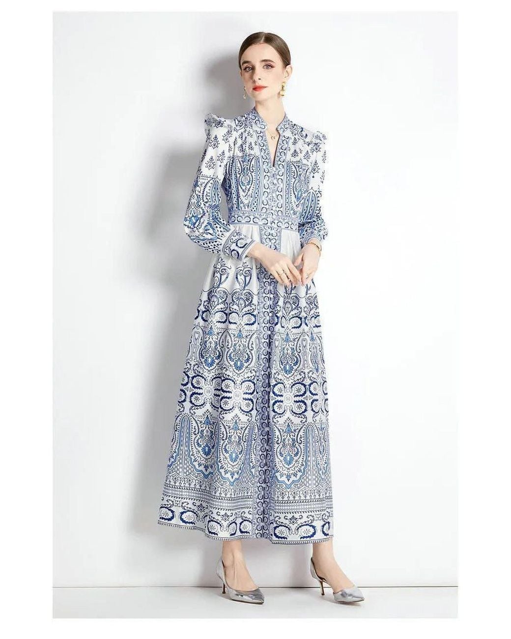 Msn-Collection Blue Paisley Print Maxi Dress With Button Closure