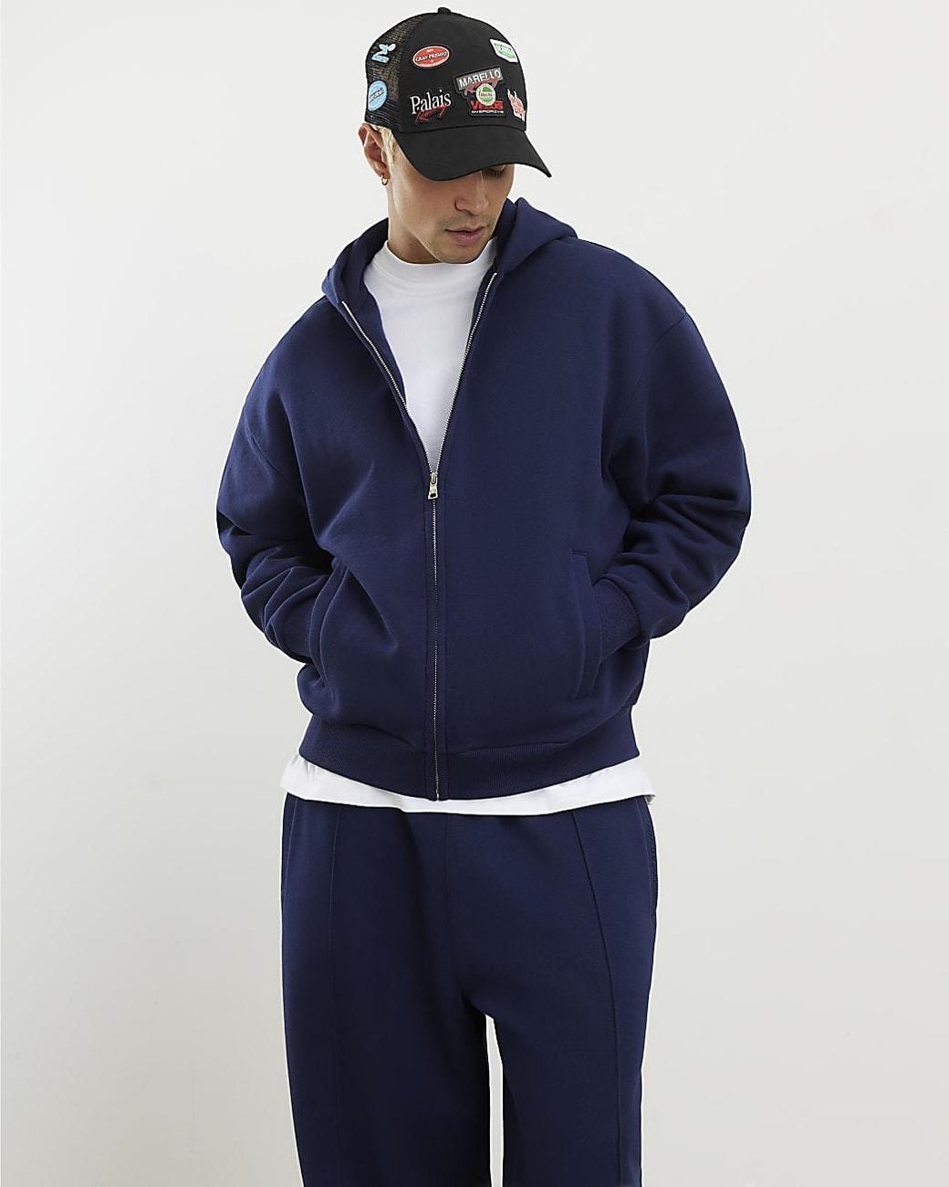River Island Blue Hoodie Oversized Fit Zip Through Cotton for men