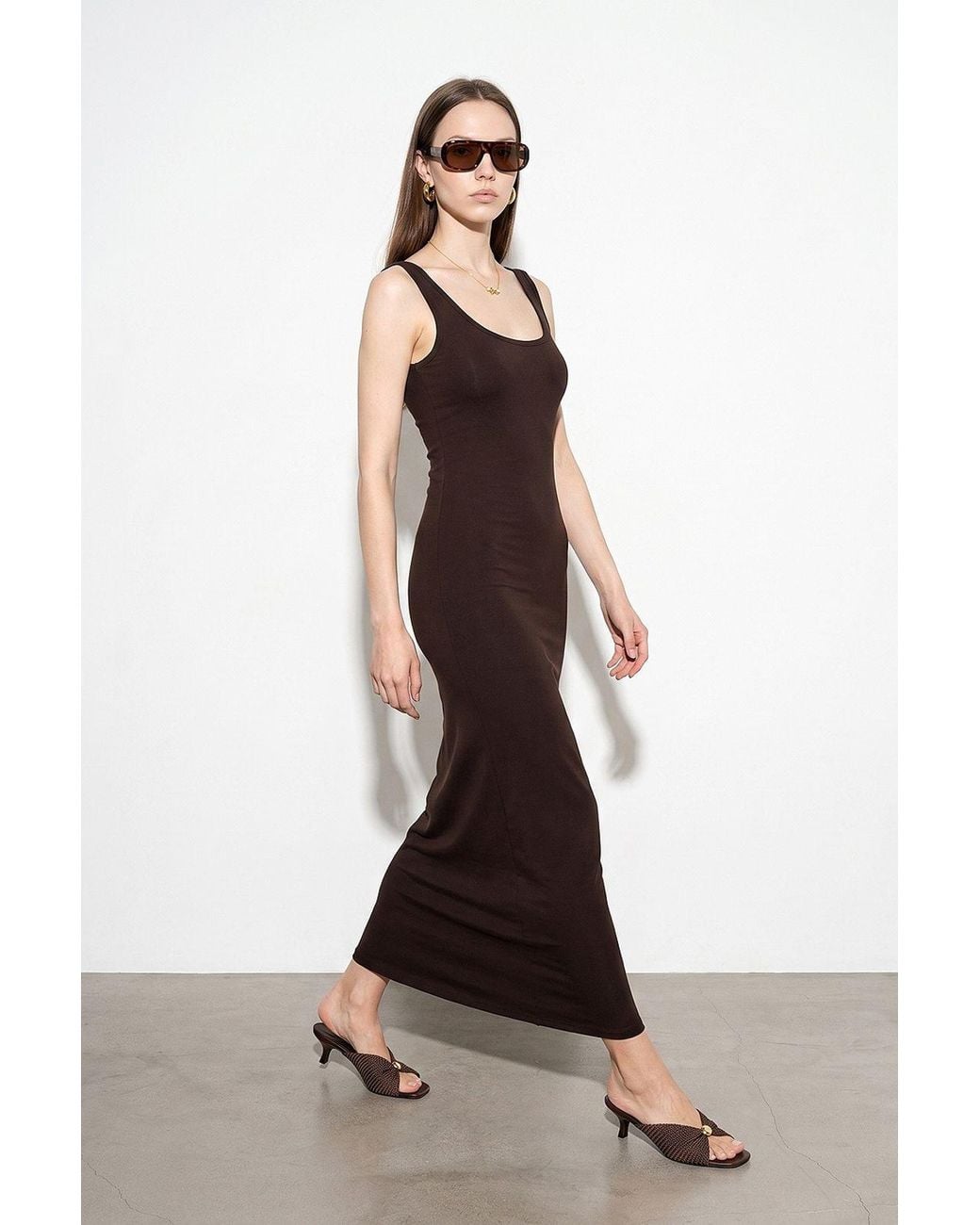 Dilvin Brown Sleeveless Bodycon Midi Dress