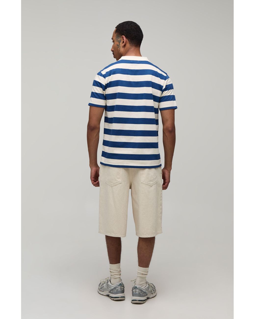 BoohooMAN Blue Slim Fit Stripe Henley T-Shirt for men