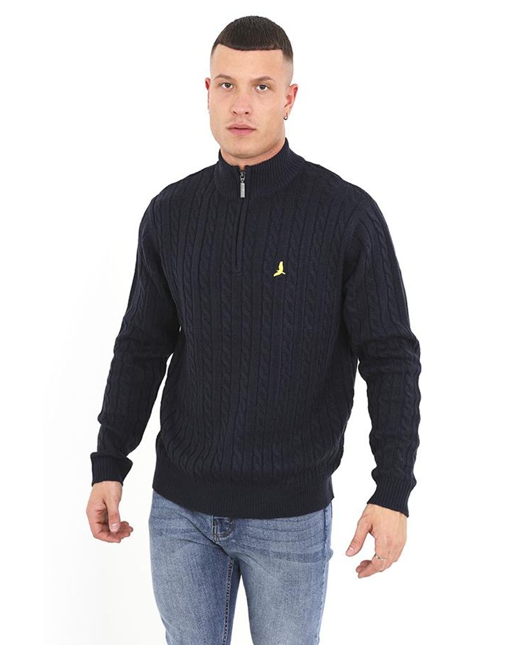 Brave Soul Blue Midnight 'August' Quarter Zip Neck Cable Knit Jumper for men