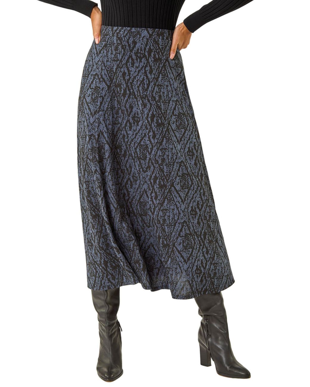 Roman Blue Abstract Diamond Print Midi Skirt