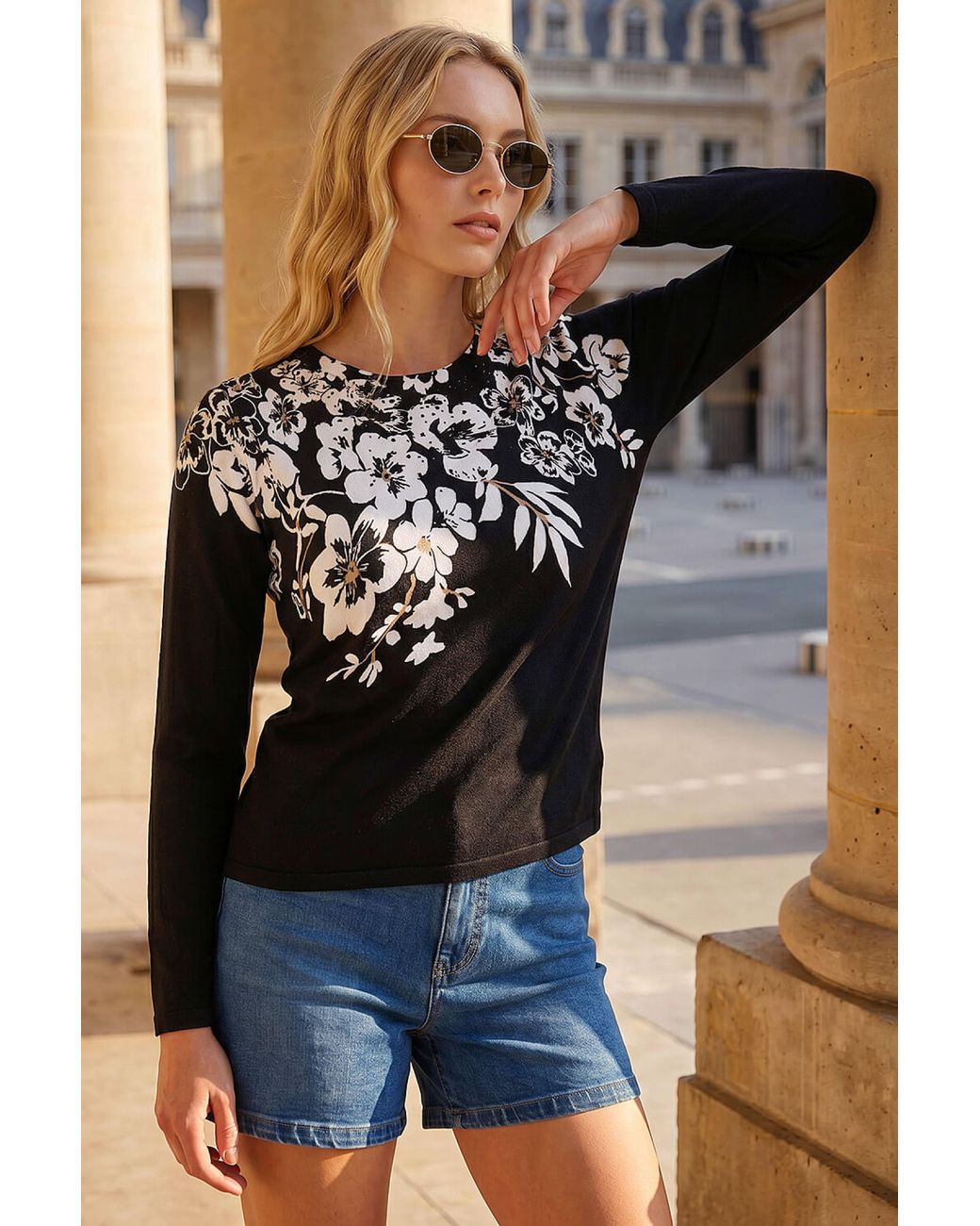 Roman Black Printed Floral Embellished Jumper