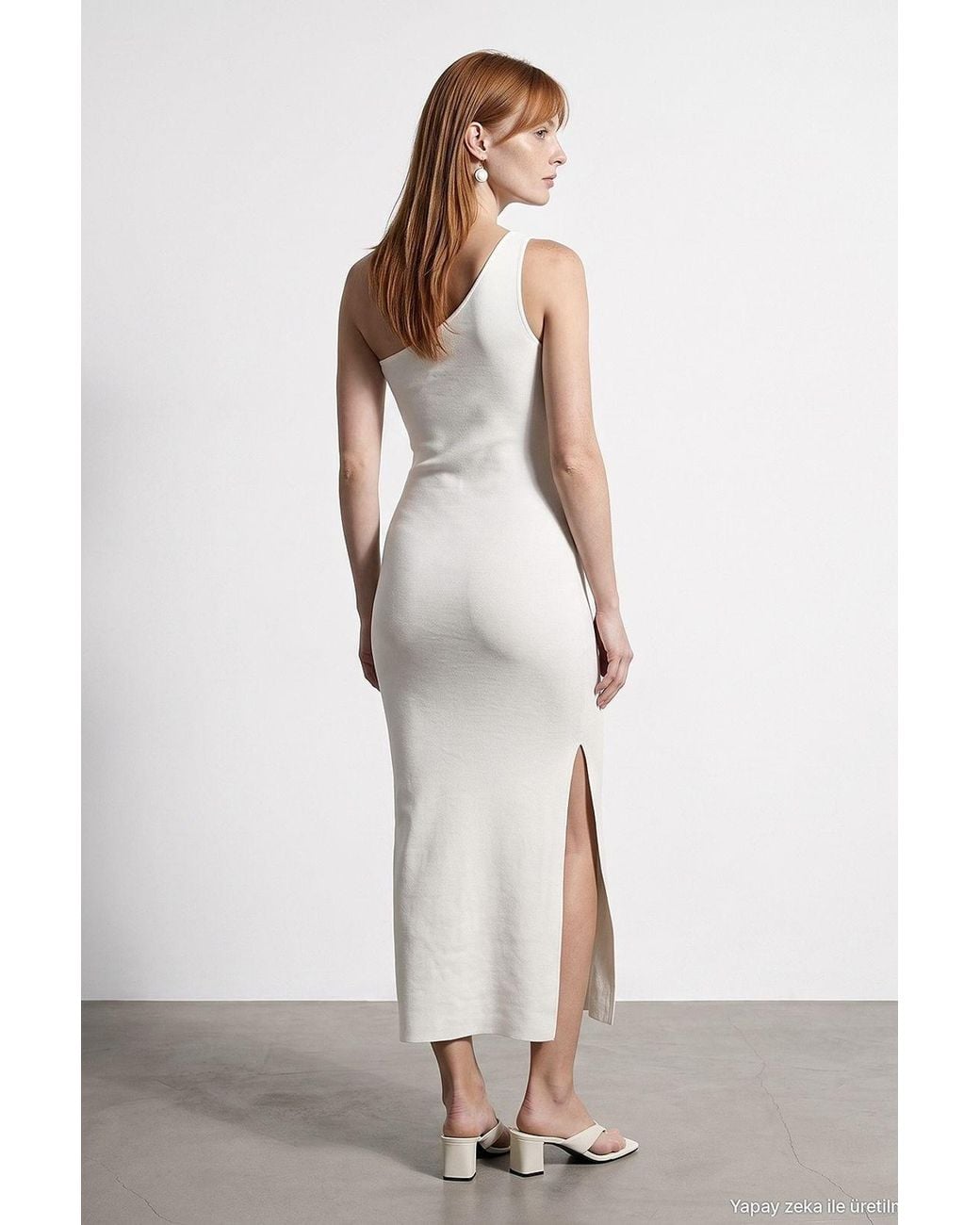 Dilvin Natural Asymmetrical One-Shoulder Ribbed Midi Dress