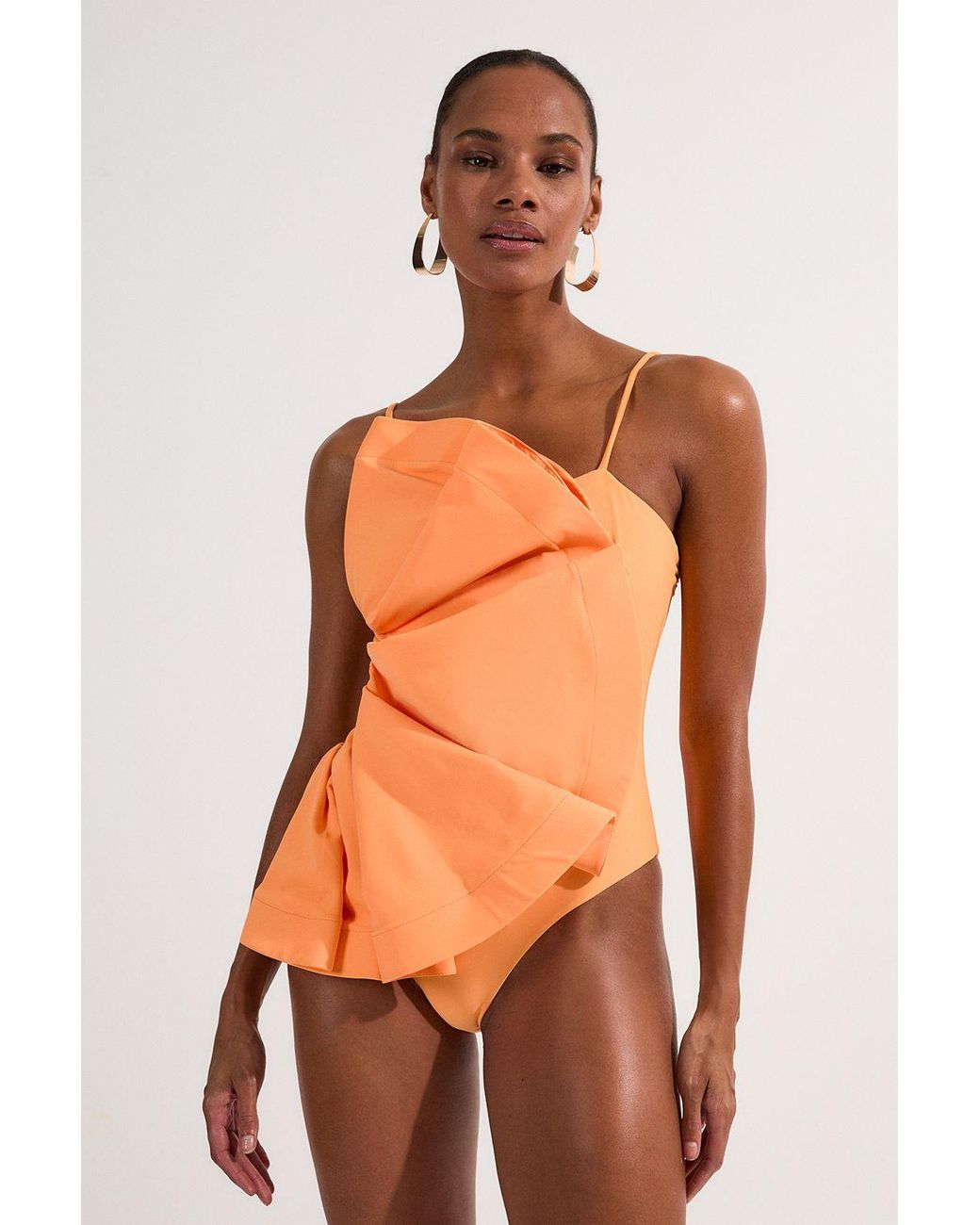 Karen Millen Orange Drama Ruffle Strappy High Leg Swimsuit