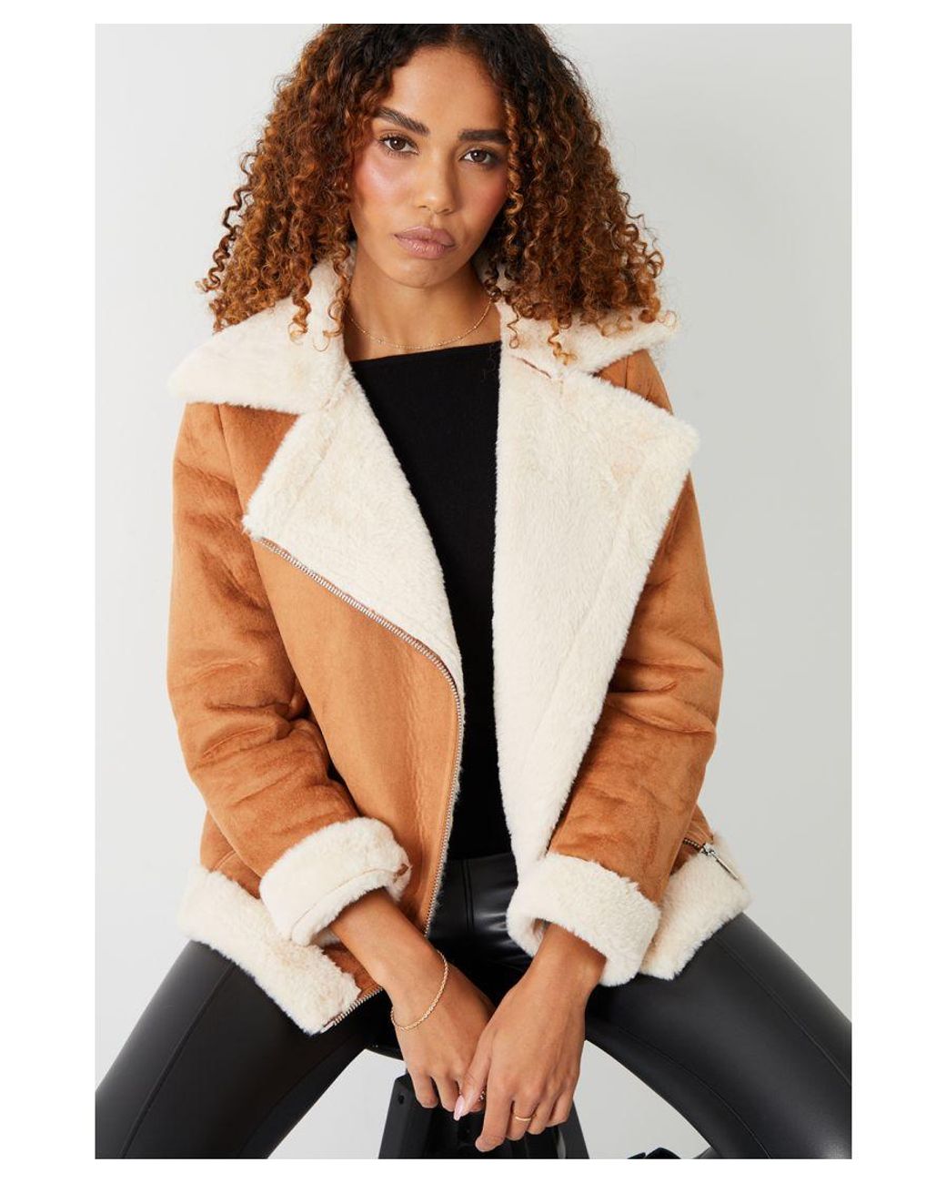 Tan faux fur aviator jacket cheap