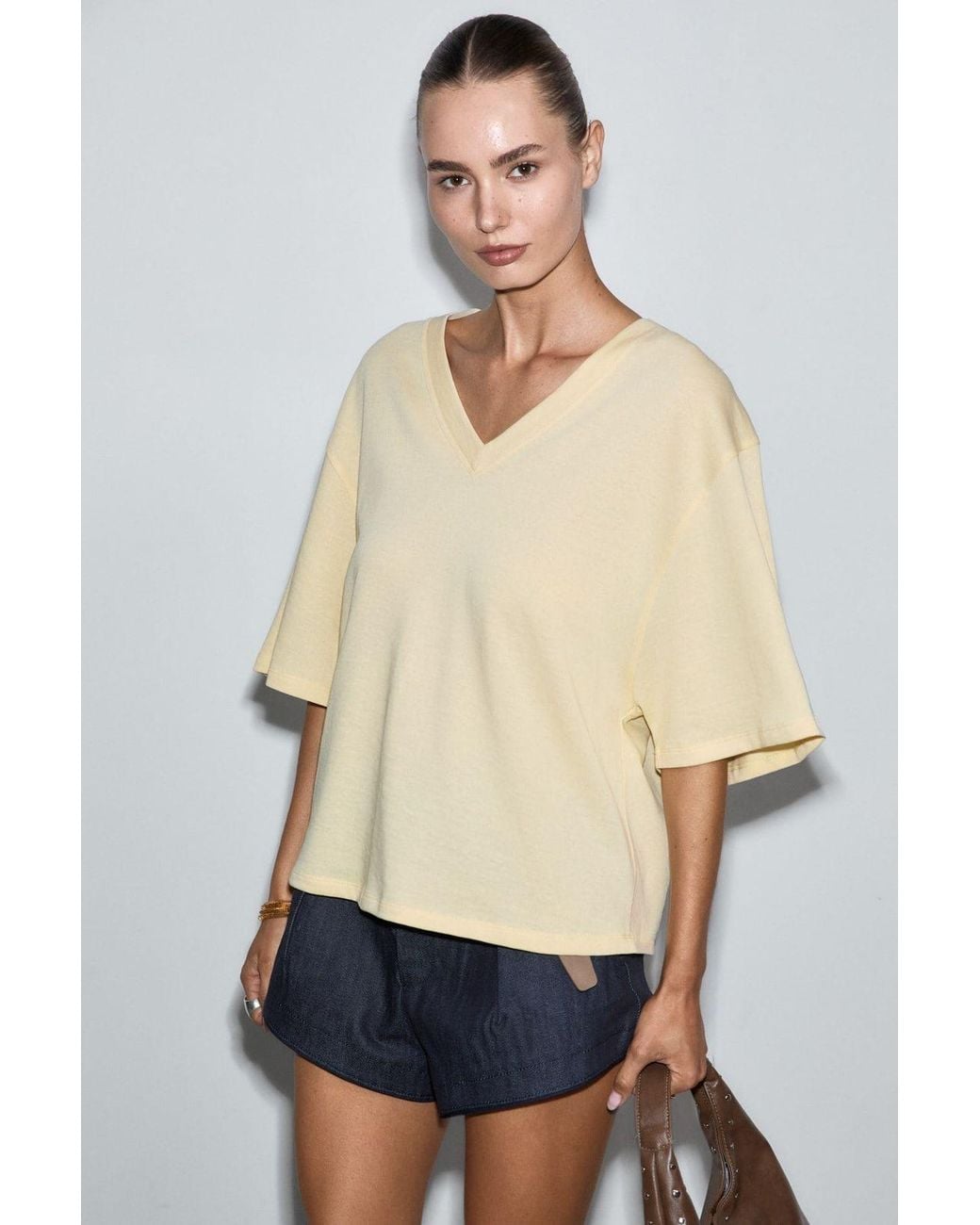 Grimelange Blue Oversized V-Neck Tie Detail T-Shirt