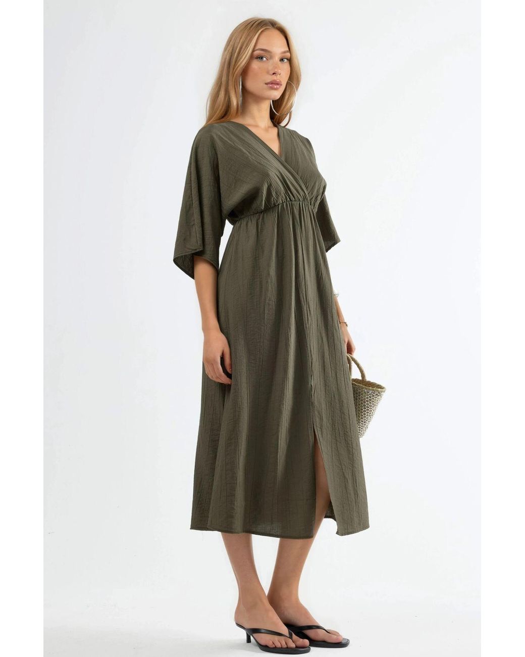 Busem Green V-Neck Midi Wrap Dress With Three Quarter Sleeves