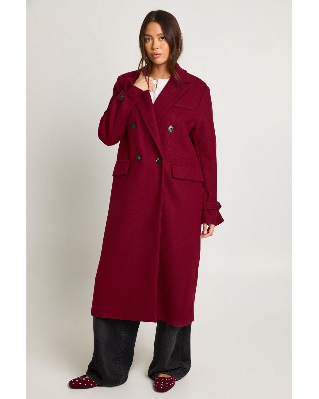 Boohoo Red Oversized Cuff Detail Wool Look Coat