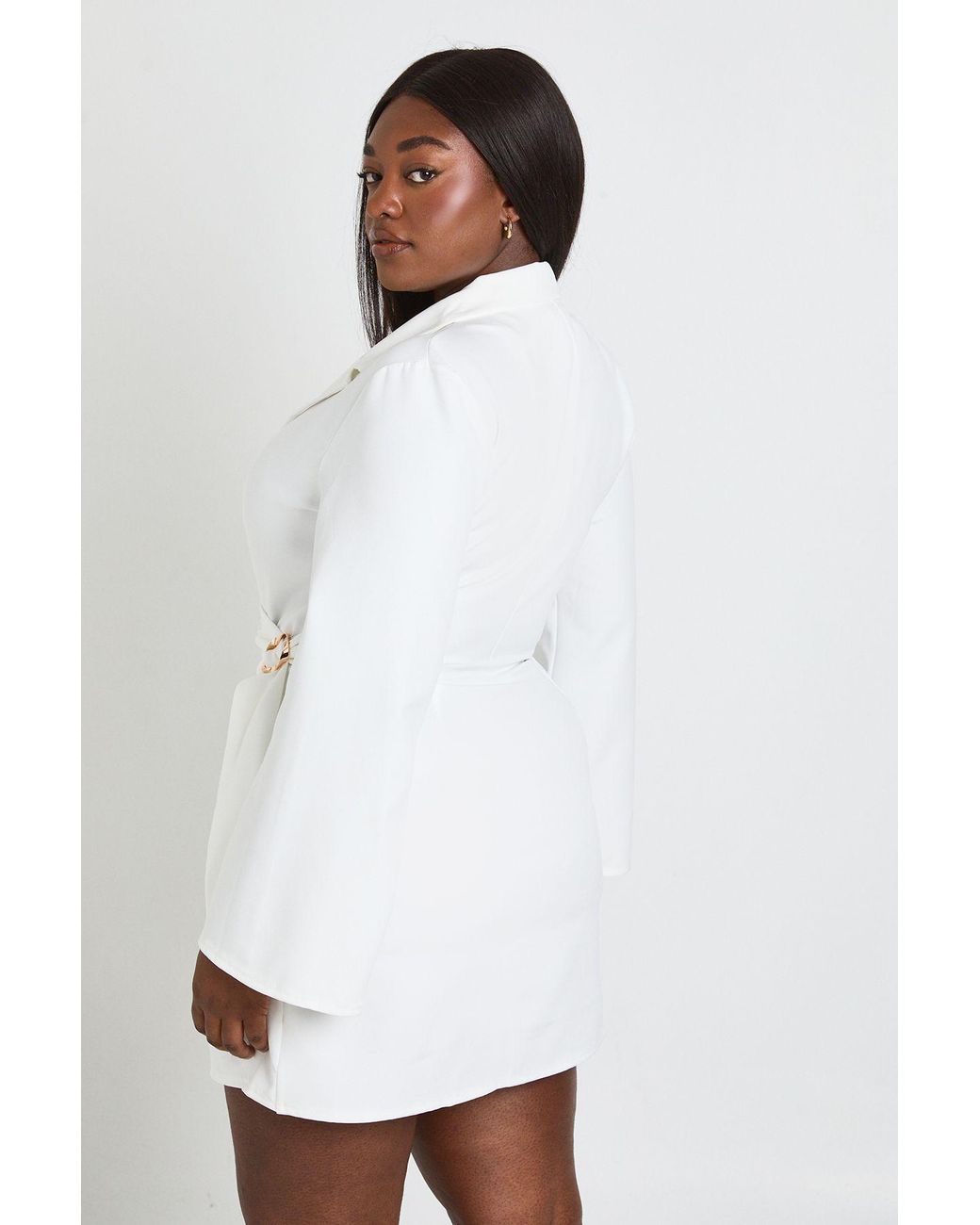 Boohoo White Plus Buckle Detail Tie Waist Tailored Blazer Dress