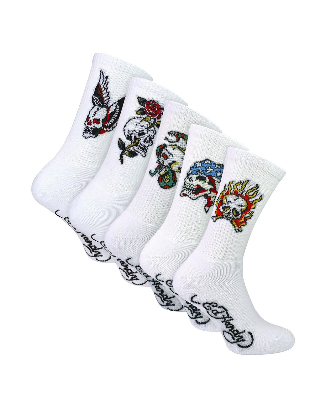 Ed Hardy White 5 Pack Crew Socks Skull Pattern Soft Breathable Casual for men