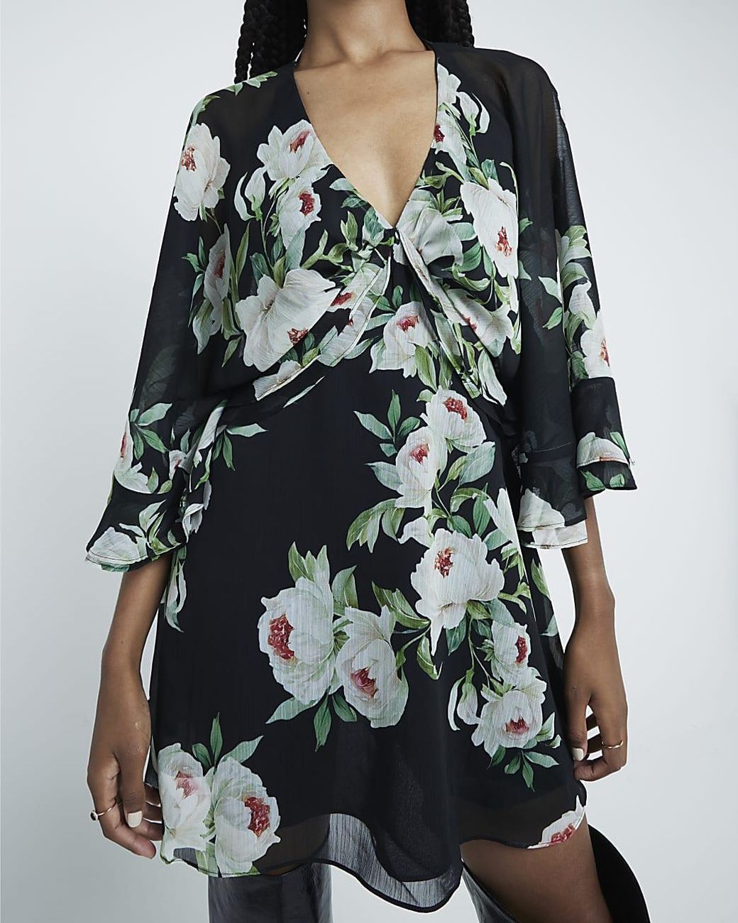River Island Black Long Sleeve Floral Cape Mini Dress