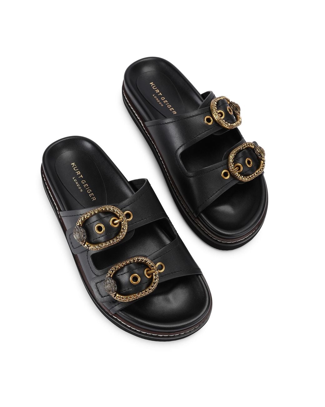 Kurt Geiger Black Leather Mayfair 2 Buckle Sandal Sandals