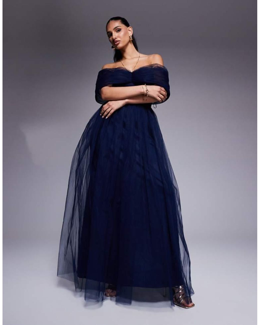 LACE & BEADS Blue Bow Off Shoulder Tulle Maxi Dress