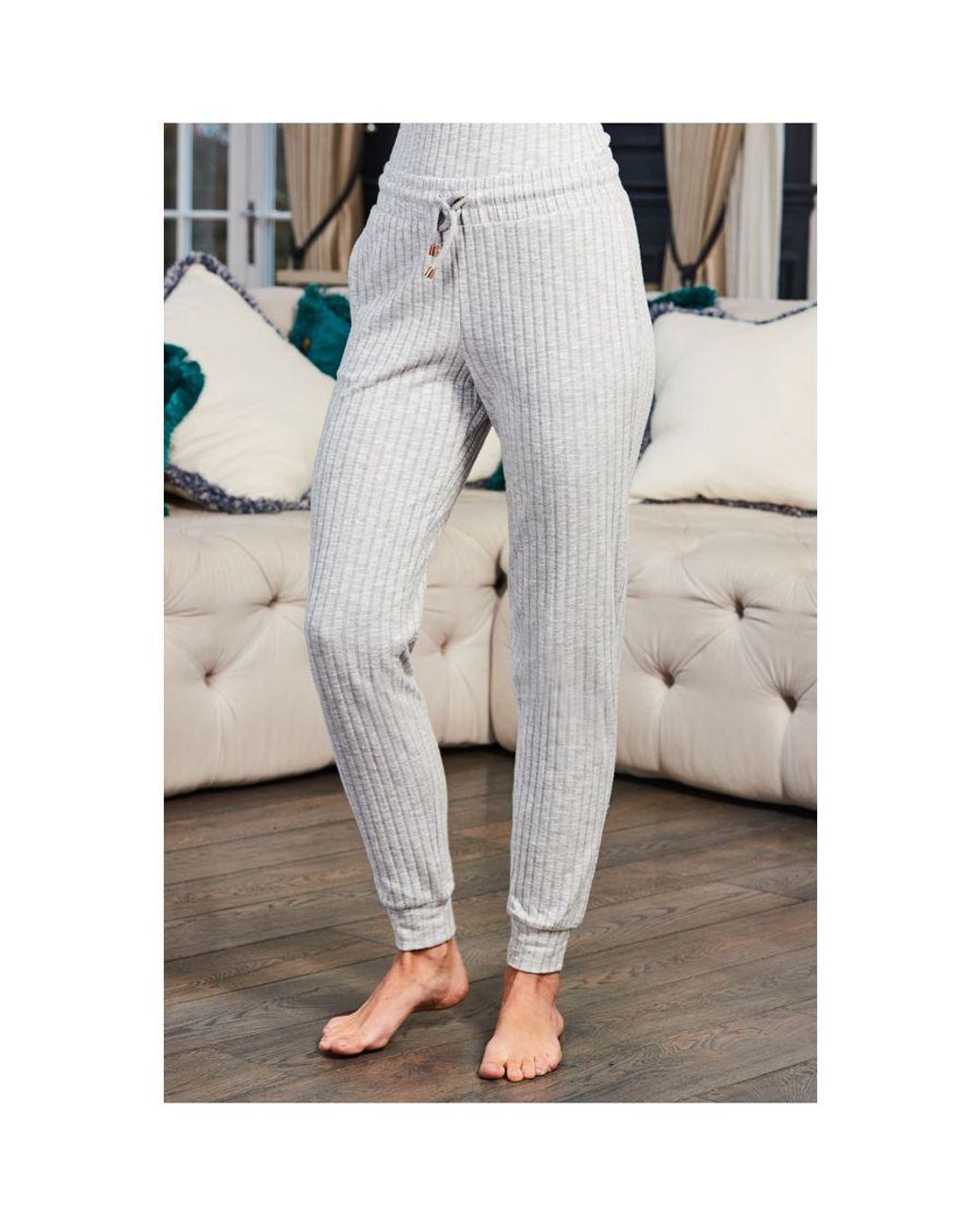 Sosandar Gray Marl Rib Slim Leg Loungewear Joggers Cotton
