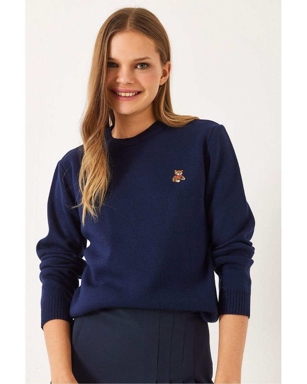 Bianco Lucci Blue Embroidered Crew Neck Sweater