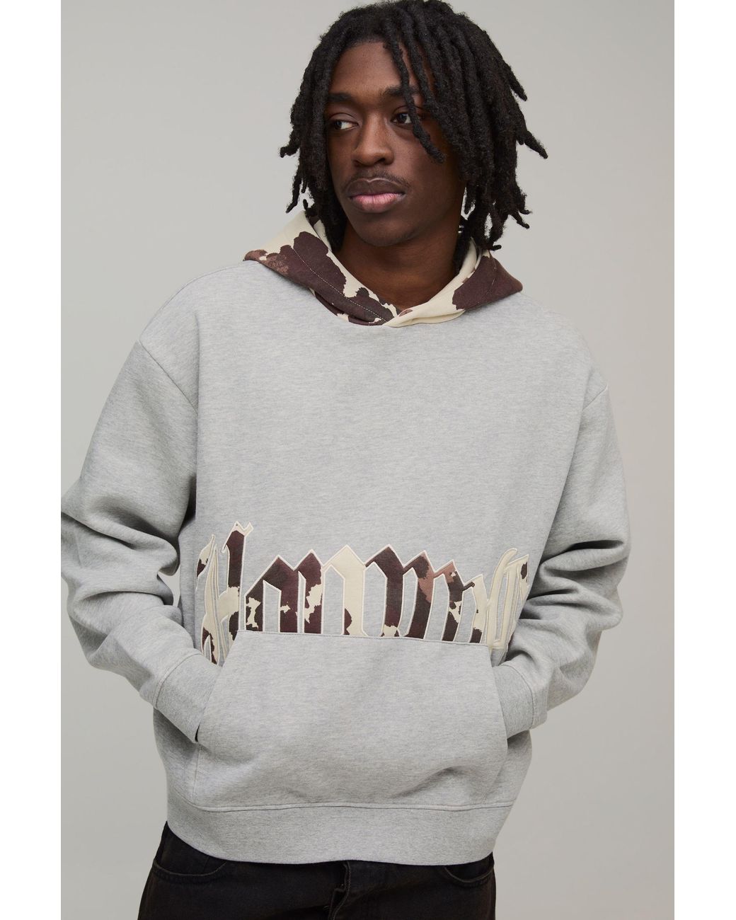 BoohooMAN Gray Oversized Applique Cow Print Hoodie for men