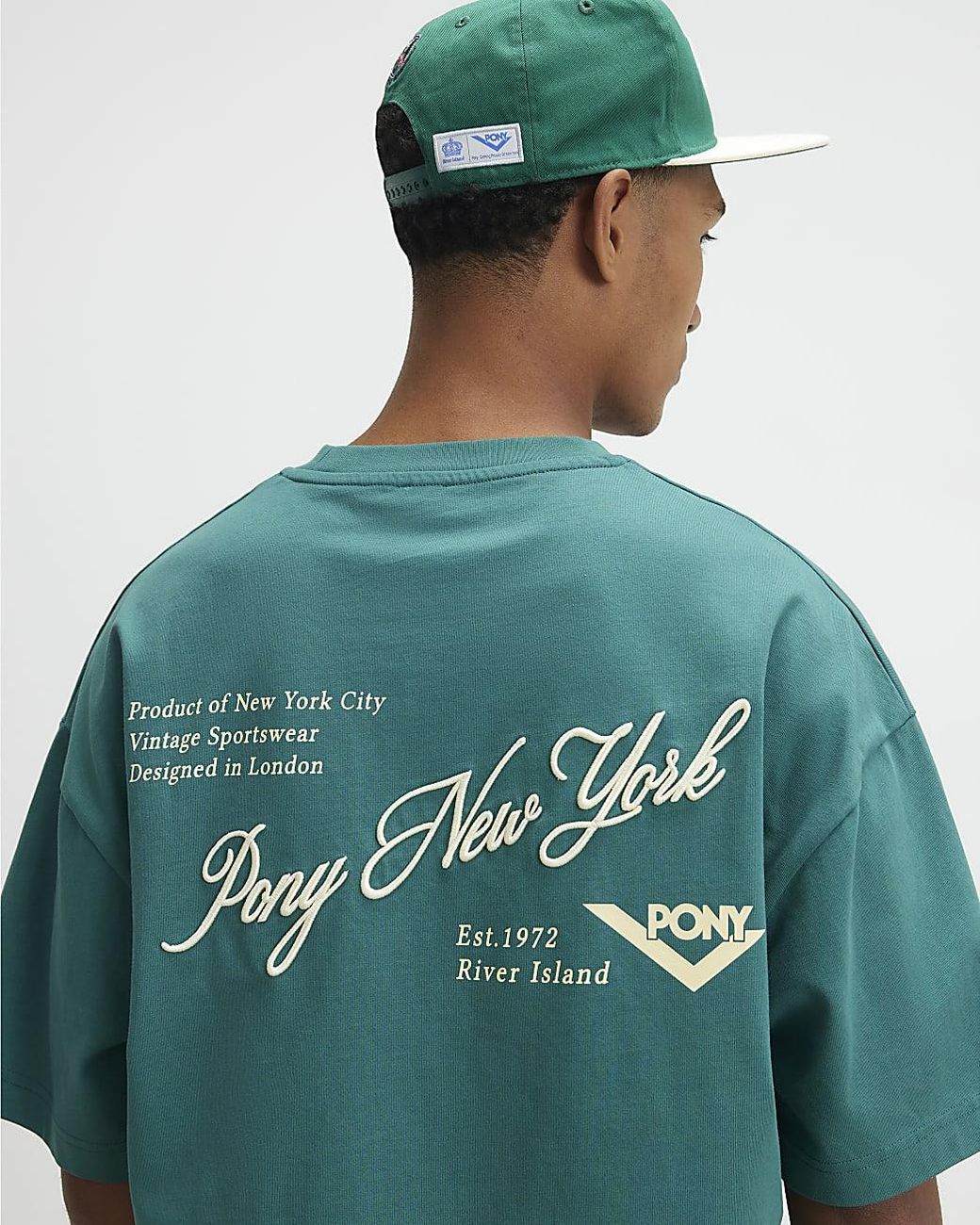 River Island Green T-Shirt Oversized Script Embroidered Graphic Cotton for men