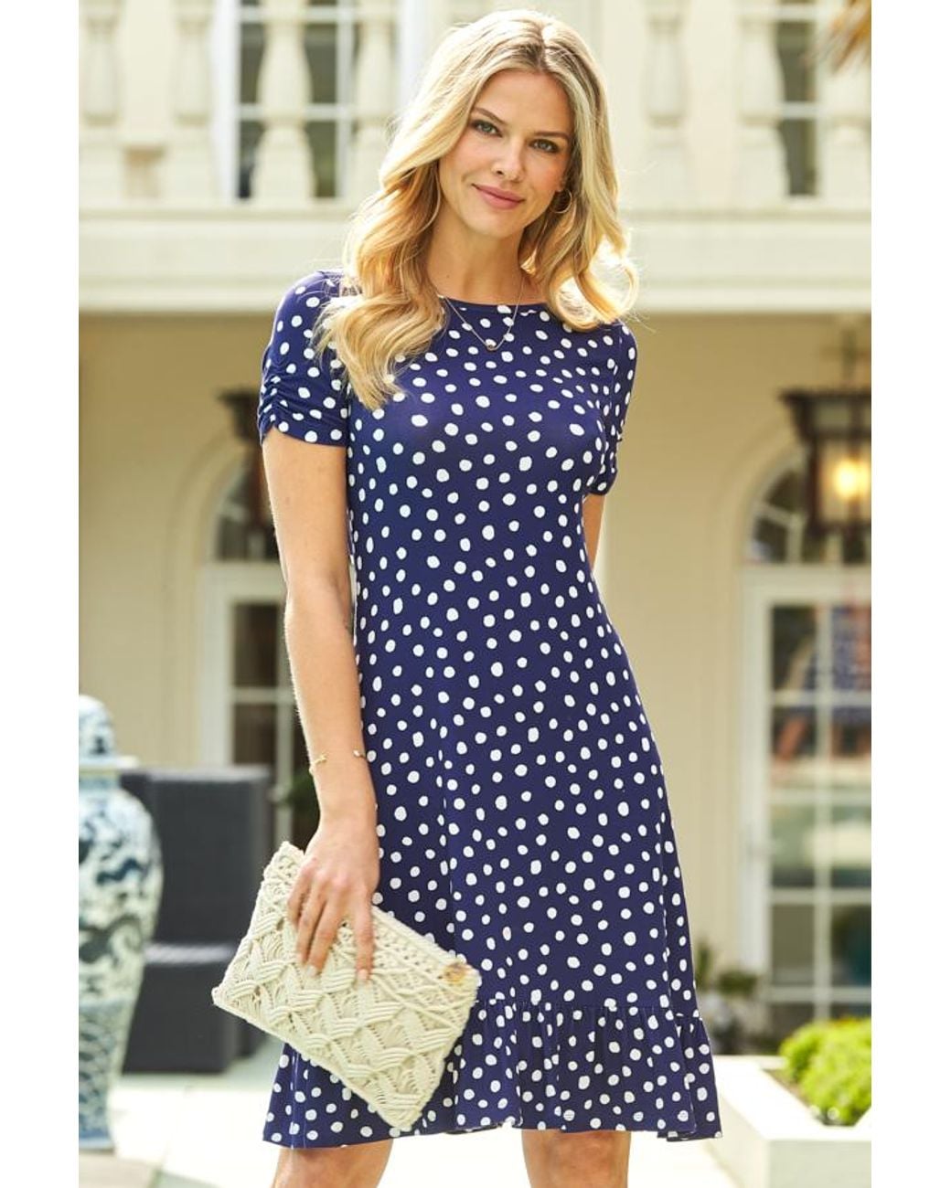 Sosandar Blue Spot Print Ruched Sleeve Jersey Shift Dress