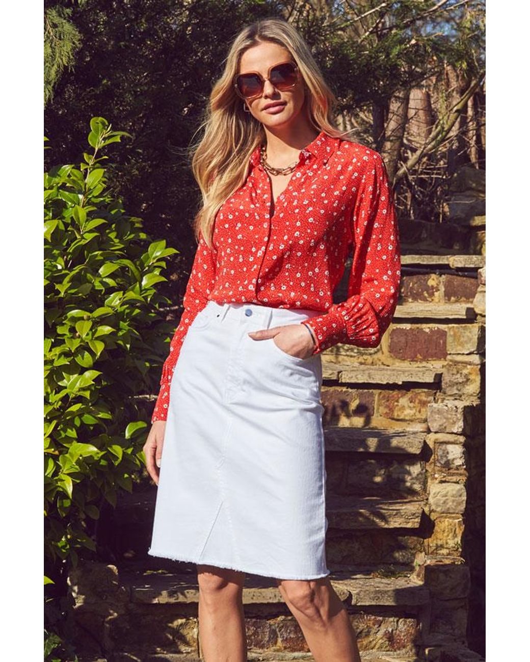 Sosandar Red Raw Hem Denim Skirt With Button Detail