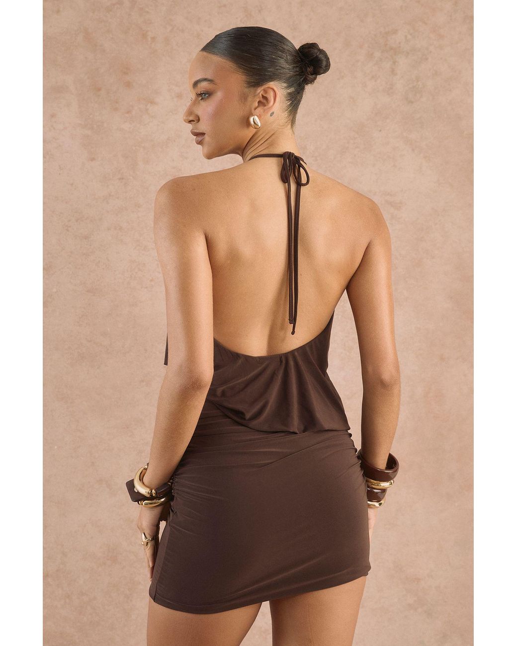 Boohoo Brown Halterneck Ruched Draped Mini Dress