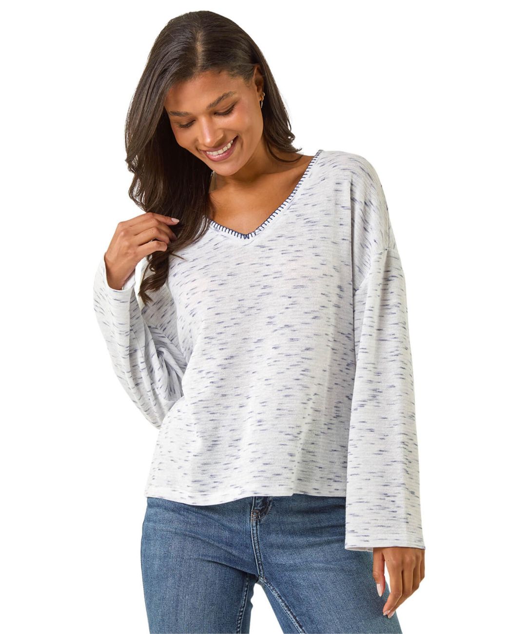 Roman Gray Contrast Stitch V-Neck Top