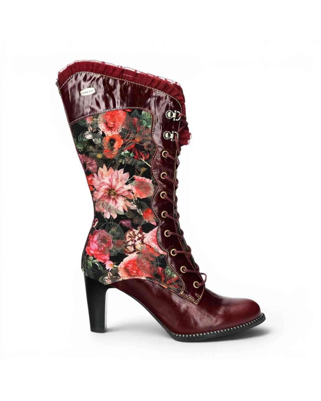LAURA VITA Red Floral Goth Victorian Leather Heeled High Boots